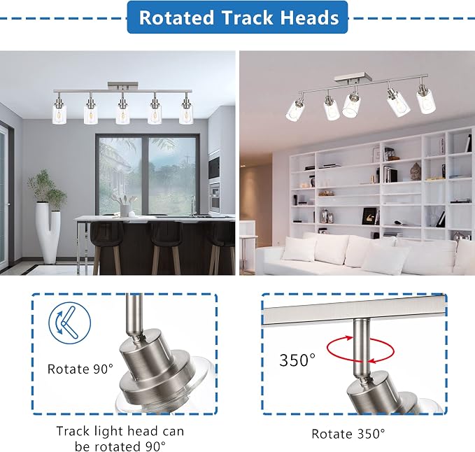 MELUCEE 5 Light Multi-Directional Rotating Track Light Kit Brushed Nickel | 37 Inch Bathroom Light Fixtures Ceiling Spotlight Fixture for Kitchen Foyer Bath, Clear Glass Shade