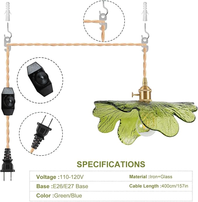 Plug in Pendant Light Fixtures,Hanging Light Fixture 12.9in Green Glass Pendant Light,E26 Pendant Lighting for Kitchen Island, Bedroom, Dining Room, Living Room