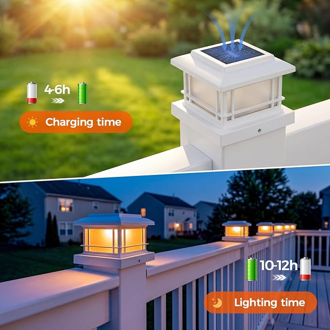 JOFIOS Flickering Flame Solar Post Cap Lights Outdoor, White Post Lights with 3 Color Temperature, Fits 3.5" 4" 4.5" 5" Wood/Vinyl Posts, IP64 Waterproof Fence Deck Lights for Garden Patio Yard 8 Pack