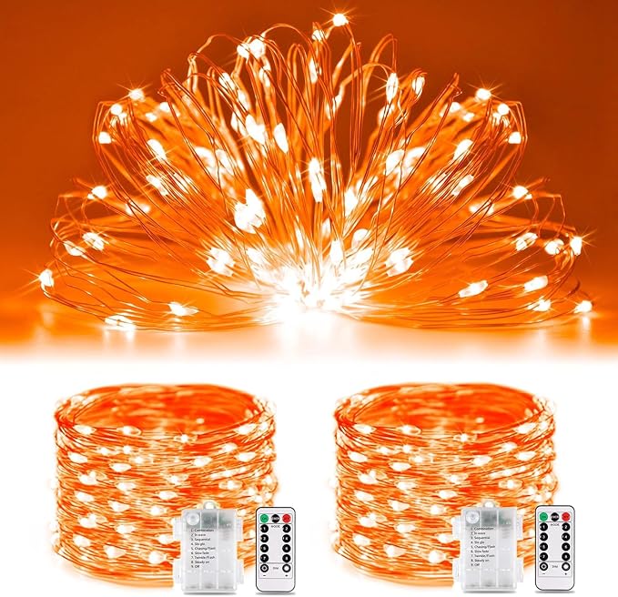 JMEXSUSS 2 Pack Orange Fairy Lights Battery Operated, Total 200 LED 66ft | With Remote & Timer, 8 Modes, Twinkle String Lights for Halloween Thanksgiving Fall Tree Dorm Classroom Indoor Outdoor Decor
