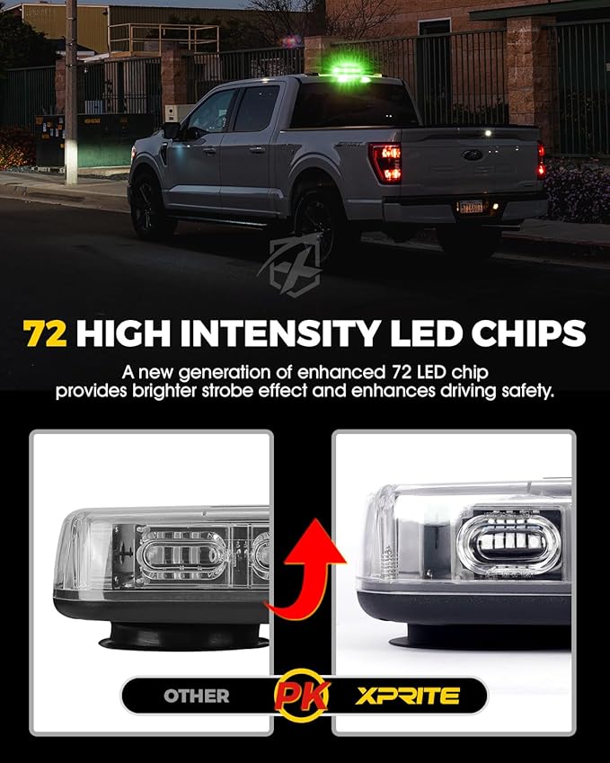 Xprite Upgraded 12" 72LED Rooftop Mini Strobe Lights, Emergency Safety Flashing Beacon Light bar with Magnetic Base for 12V-24V Construction Vehicles, Trucks, Snow Plow, Postal Car (Mix White/Green)