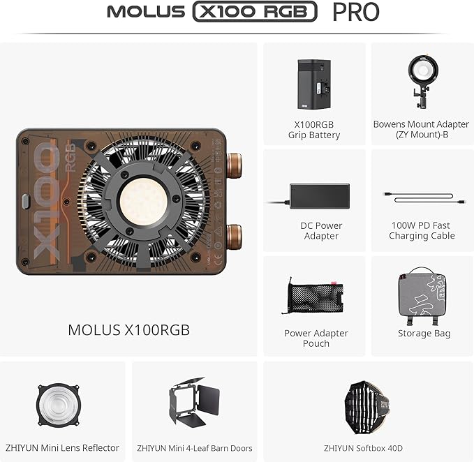 ZHIYUN MOLUS X100 RGB PRO 100W Continuous Output Lighting [Official] V2 Upgraded Version Portable Video Light Handheld Professional Photography Lighting CRI≥95 TLCI≥97 2500K~10000K Only 384g (Black)