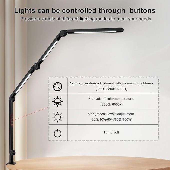 LED Desk Lamp with Clamp & Flexible Arm - 3 Light Sources, 4 Color Modes & 5 Brightness Levels, Eye-Caring Table Light with Memory Function