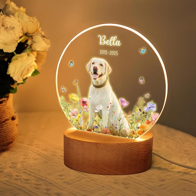 Personalized Dog Memorial LED Night Light with Wooden Base, Custom Photo and Name Pet Memorial Gift for Loss of Pet