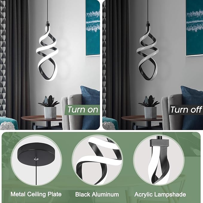 3 Packs Pendant Light, 15W Spiral Led Pendant Light, 4500K Modern Pendant Lights Kitchen Island, Adjustable Height Pendant Light for Dining Room Bedroom Kitchen Island Cafe