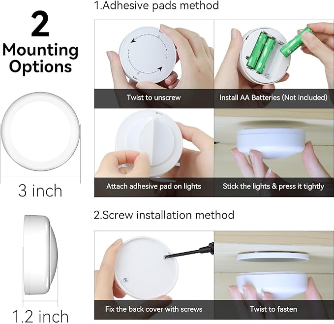 Battery Operated LED Puck Lights with Wireless Remote, 13 Color RGB - for Closet, Bedroom Wall, Under Cabinet, Battery Powered Push Lights. Convenient 3M Stick On(White, 3-Packs)