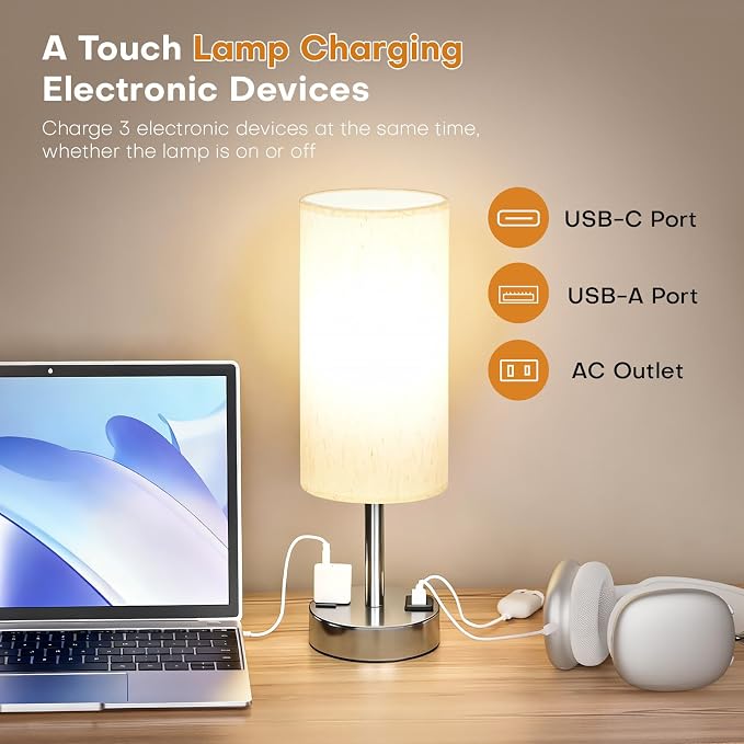 MOICO Bedside Table Lamp for Bedroom, 3-Way Dimmable Nightstand Lamp with USB C, USB A Ports & AC Outlet, Small Table Lamp Fabric Shade for Living Room Dorm Office, LED Bulb Included (14in Silver)