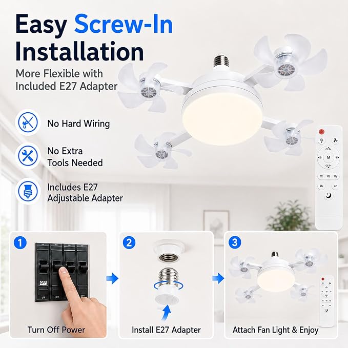 Socket Fan Light, Screw in Ceiling Fan with Remote, Light Socket Fan with LED Light, 3 Speeds, 3 Color Temperatures, Foldable E27 Fan Light for Bedroom Kitchen Garage (4 Head with E27 Adapter)