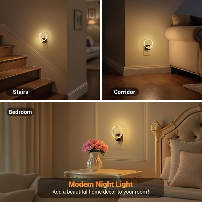 JandCase Night Light, Night Lights Plug into Wall, Dimmable Nightlight | 2 Pack,Dusk to Dawn Sensor, 180° Rotatable Round Plug in Nightlights, LED Circle Acrylic Night Light for Bathroom Kids