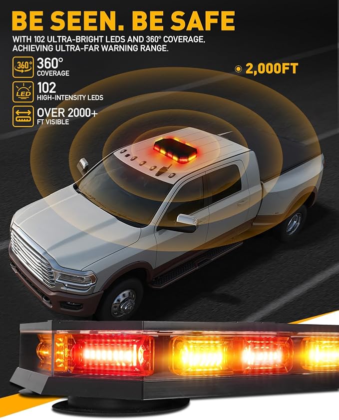 HLauto 406D Rooftop Emergency Strobe Lights Bar, 102 LED Amber Red Mini Beacon Safety Flashing Warning Traffic Lights Bar w/Magnetic Base for 12-24V Trucks, Construction Vehicles, Snowplow, Cars