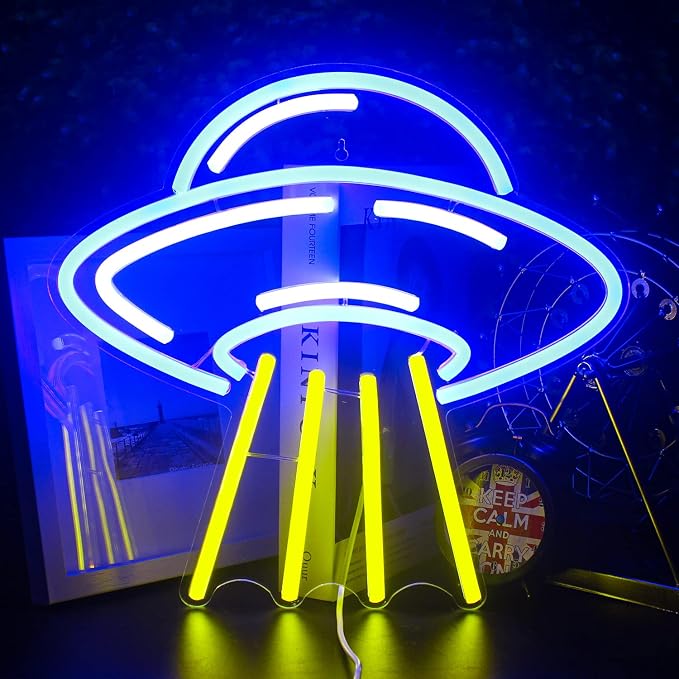 LUCUNSTAR UFO Neon Sign For Room Alien LED Neon Light Spaceship Dimmable Space Neon Signs for Wall Decor Blue UFO Neon Light Up Sign for Bedroom Game Room Wall Decor Ufo Lovers