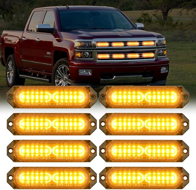 Nilight 8PCS Led Strobe Lights 12LED Amber Emergency Light 12V 24V Surface Mount Flashing Warning Hazard Beacon Lights Ultra Slim Sync Feature Mini Grille for Cars Trucks Off Road Vehicles SUV