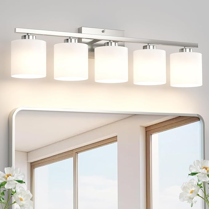 Honesorn Modern Vanity Lights - 5-Light Bathroom Fixture with Frosted Shade & Anti-Rust Nickel Finish
