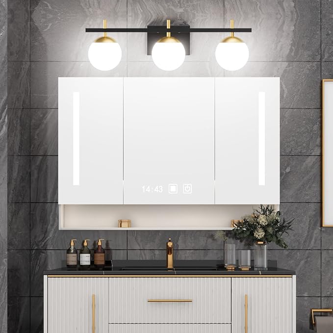 Ralbay Mid Century Modern Bathroom Vanity Lights Black and Gold Milky Glass Modern Bathroom Vanity Lights Over Mirror, Black/Golden 3-Light (Exclude Bulb)