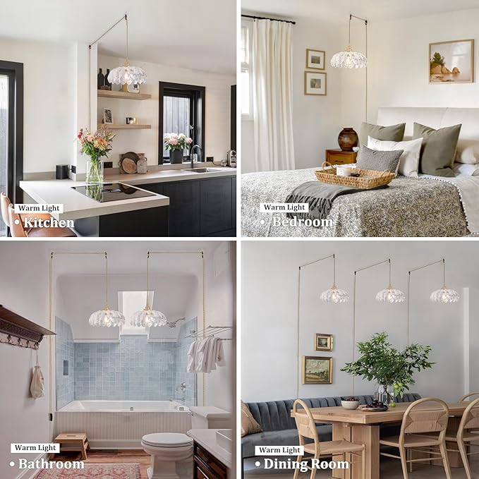 Plug in Pendant Light Hanging Light Fixtures with Plugin Cord On/Off Switch,Clear Scindapsus Glass Lampshade Brass Pendant Light