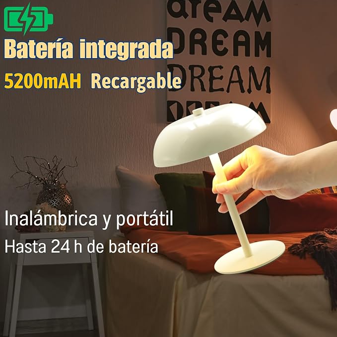 Cordless LED Mushroom Table Lamp, 5200mAh Battery, Dimmable 3 Color, White | Small, 8.46in, Portable, Easy to Assemble, Metal structure, Rechargeable, Suitable for bedroom, café, and bar counter