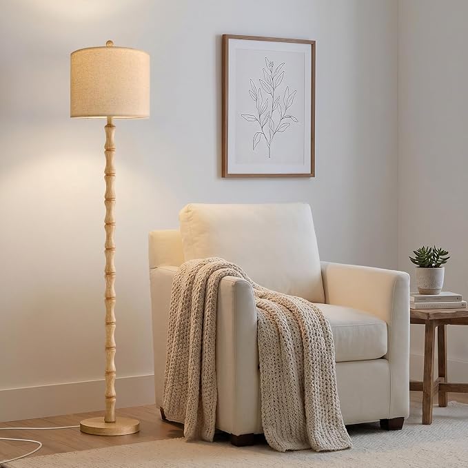 62" Farmhouse Floor Lamp for Living Room, Rustic Standing Lamp with Linen Shade and Rotary Switch, Tall Resin Corner Floor Lamp for Bedroom, Nursery, Office, Home Decor
