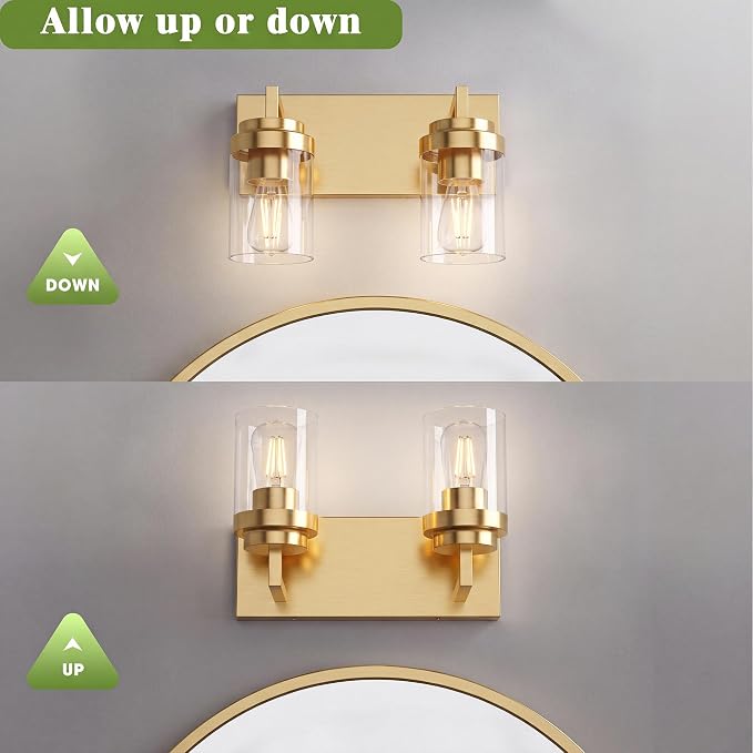 Bathroom Vanity Fixtures, 2 Light Matte Gold Vanity Light with Clear Glass Shade, 15in Farmhouse wall Light, Lighting Fixture Over Mirror for Bathroom