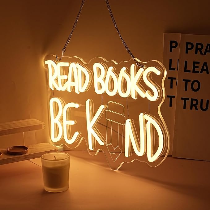 Read Books And Be Kind Neon Sign for Wall Decor Warm White Read Books Neon Light Dimmable Classroom LED Light up Signs for Study Room Bookstore Bedroom Classroom Library Decor