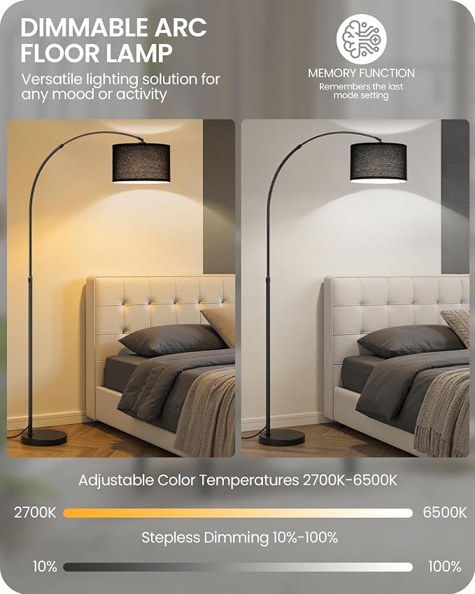75" Arc Floor Lamp with Marble Base and Adjustable Height, Rotating Hanging Shade, Dimmable Floor Lamp for Living Room with Remote and Foot Switch, 3 Color Temperature, Black B15LD05