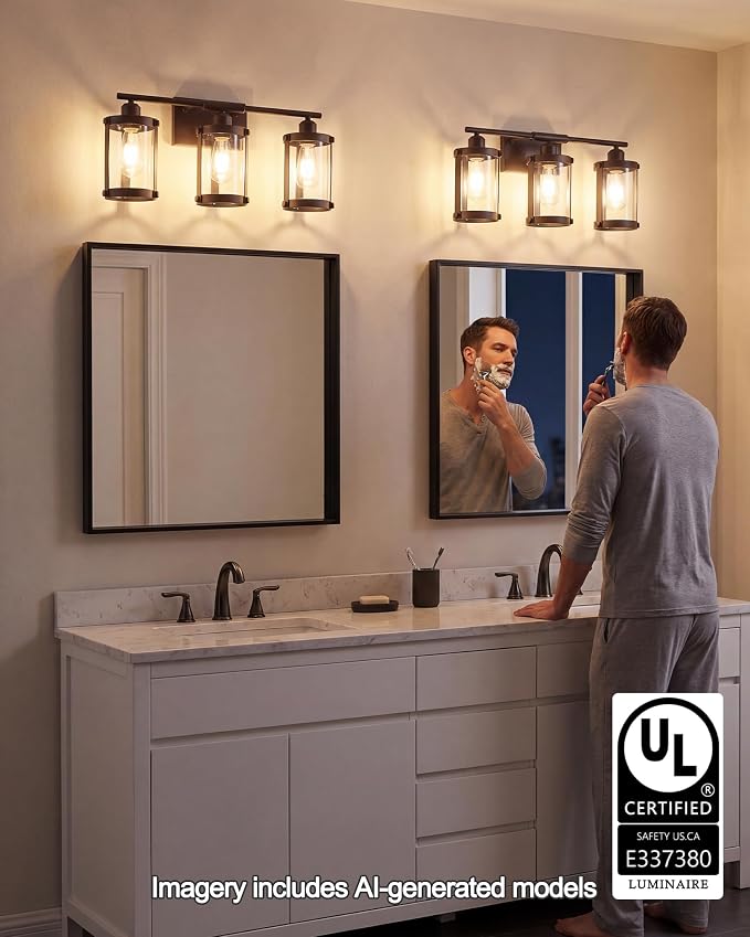 3-Light Oil Rubbed Bronze Bathroom Light Fixtures Over Mirror with Clear Glass and Metal Cage Shade, 21" UL-Listed Modern Farmhouse Wall Sconce for Bath, Hardwire E26, OS-3014ORB-3W