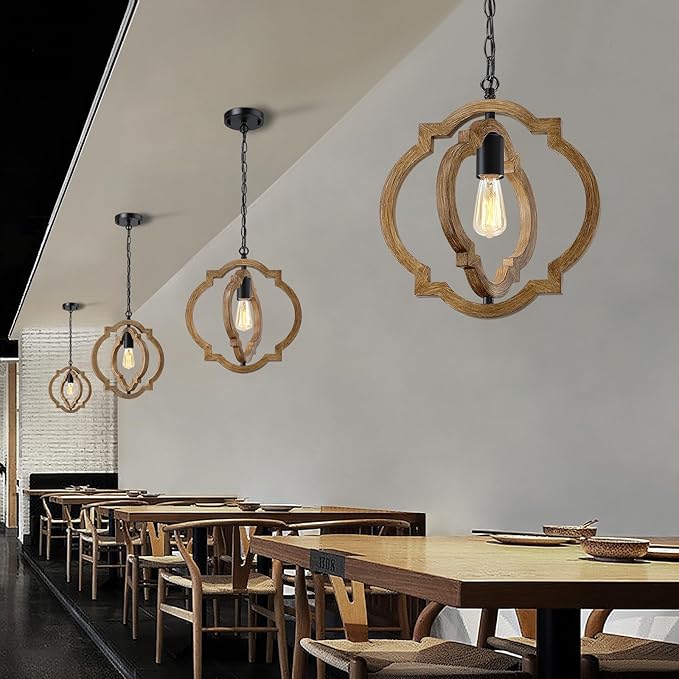 2-Pack Farmhouse Pendant Light Fixtures, Wood Grain Hanging Lights for Kitchen Island, Adjustable Height, E26 Base, Sloped Ceiling Compatible, Rustic Ceiling Light