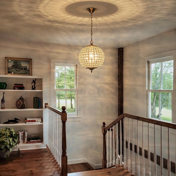 Gold Globe Crystal Chandelier, 12.6" Vintage Sphere Globe Chandelier Pendant Light Small Flush Mount Ceiling Light for Foyer Entryway Hallway Dining Room