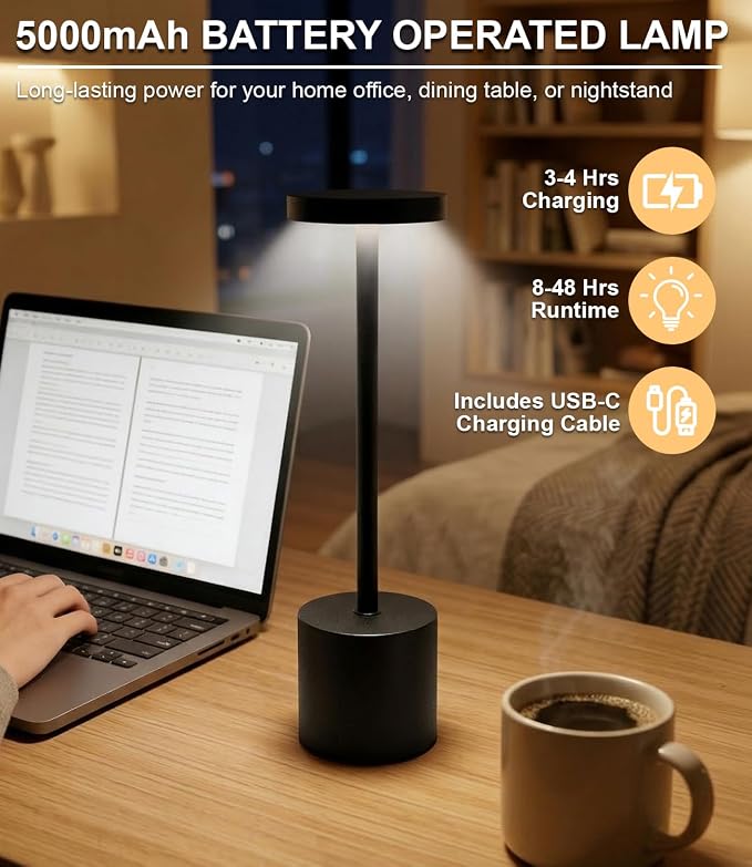 Cordless Table Lamp Set of 2, Rechargeable 5000mAh Battery Operated Outdoor Table Lamps, Portable LED Desk Lamp, 3 Color Dimmable Table Light for Restaurant, Patio, Bedroom, Bedside Night Lamp(Black)