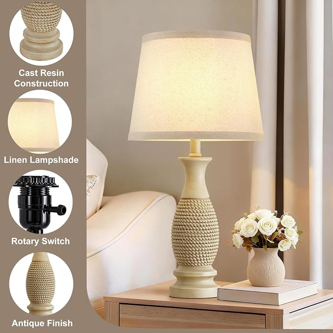 EJIAXIN Table Lamps Set of 2-21.6" Resin Farmhouse Bedside Lamps for Bedroom Living Room, Rustic Nightstand Bedroom Lamp with Rotary Switch for Night Stand End Table