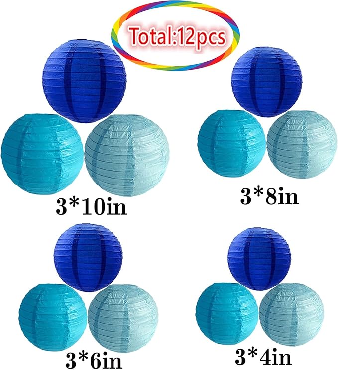 Blue Paper Lanterns 12Pcs Hanging Round Paper Lanterns Decorative for Graduation Baby Shower Wedding Birthday Family Parties ﻿