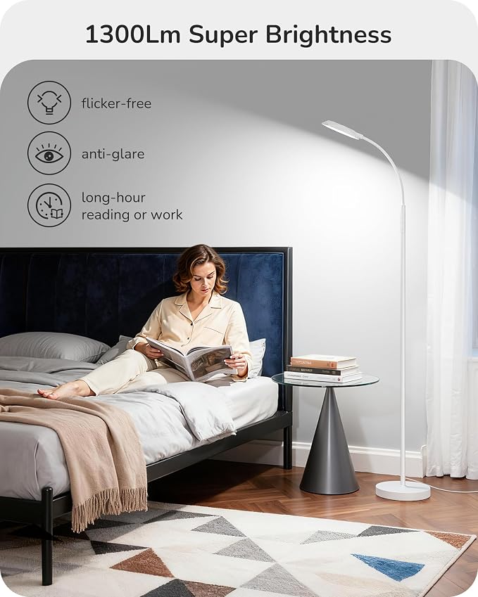 EDISHINE Gooseneck Floor Lamp 1300LM LED Floor Lamps for Living Room White | 4 Color Temperature, Dimmable, Remote & Touch Control, 30/60Min Timer, Adjustable Gooseneck for Bedroom, Office