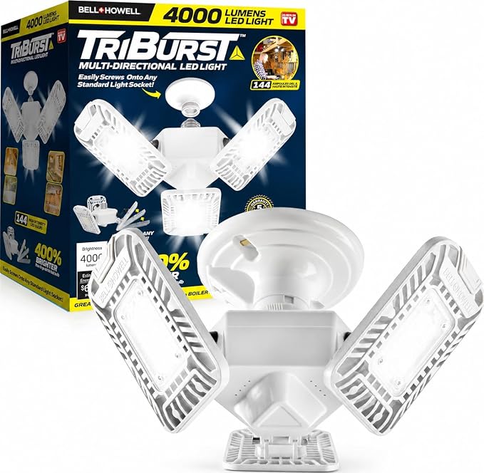 Bell+Howell Triburst Screw in LED Garage Lights, 4000LM LED Shop Lights for Garage, Shed, Attic, Screw-in E26/E27, 3 Light Panels, Easy to Install, 4000K | LED Shop Lights for Garage, Shed, Attic, Screws into E26/E27, 3 Light Panels, Easy to Install, 4...