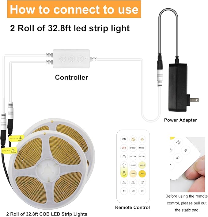 CCT COB LED Strip Lights, 65.6ft Dimmable 2700K-6500K 24V Tunable White LED Light Strip Kit, High Density CRI 90+ LED Strips with Remote Controller and Power Supply.2 Rolls of 32.8ft