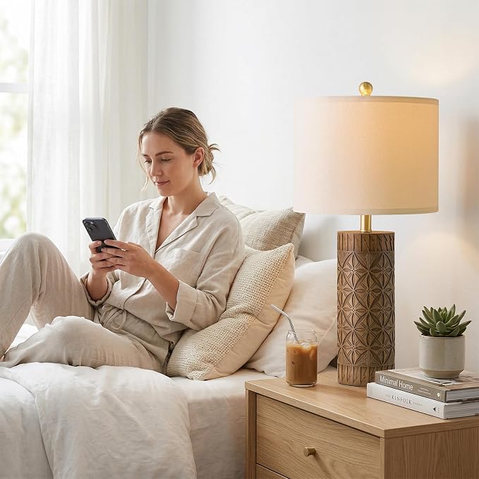 BOBOMOMO 27" Tall Table Lamps Set of 2, Modern Farmhouse Geometric Bedside Lamps, Rustic Wood Grain Resin Nightstand Lamps for Living Room, Bedroom, Entryway, Linen Shade, Cottage Home Decor