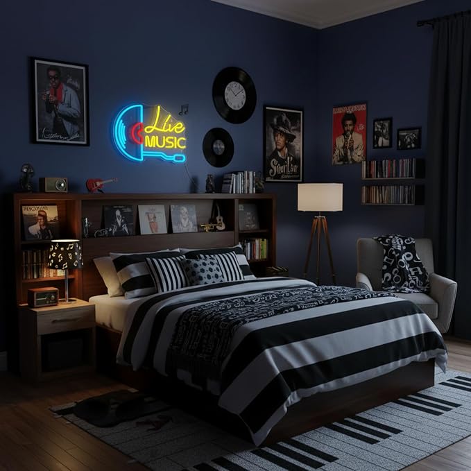 Live Music Neon Sign Vinyl Record LED Wall Light for Music Room Decor | USB Powered Live Music Neon Light, Retro Music Wall Decor for Vinyl Record Room Studio Bedroom Bar Cafe Gift for Musicians