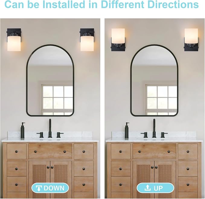 Modern Bathroom Light Fixtures Over Mirror, Vanity Lights for Bathroom Wall Sconces with Milky White Glass Shades, E26 Socket (Bulbs Not Included), 1 Light, Black