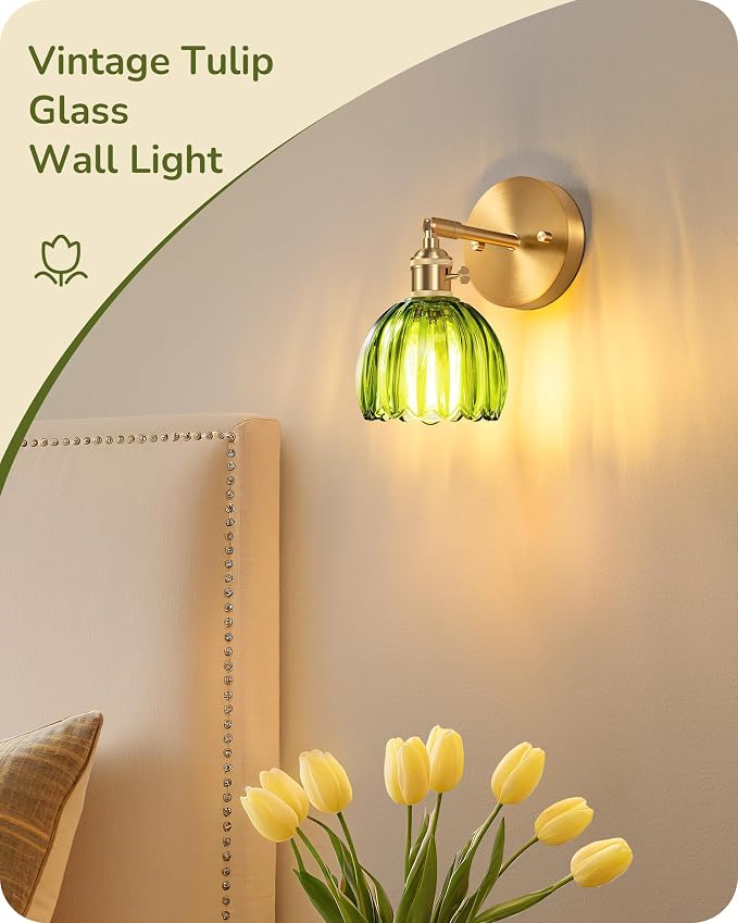 EDISHINE Vintage Brass Wall Sconces with Adjustable Green Tulip Glass Shade | Hardwired, 180° & 270° Adjustable, Rotary Switch, Vintage & Modern, E26, Ideal for Bathroom, Bedroom, Hallway