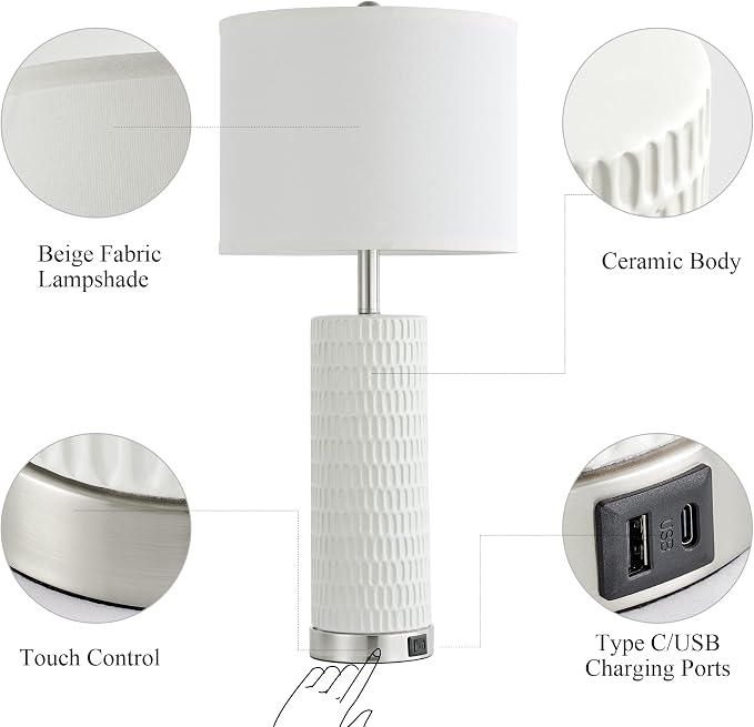 Reaketon 26.5" Ceramic Table Lamp Set of 2, 3 Way Dimmable Touch Control Table Lamp with 2 USB Charging Ports for Bedroom Living Room, Modern Nightstand Lamp End Table Lamps, Bulbs Included