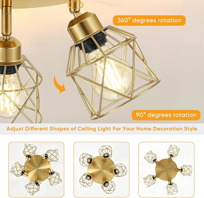 Baocuz 5-Light Semi Flush Mount Ceiling Light, Gold Kitchen Lighting Fixtures Ceiling with Metal Shade, Hallway Light Fixtures with Mini Cage for Entryway, Bedroom, Living Room