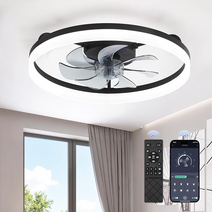 LEDIARY 20" Low Profile Ceiling Fans with Lights, APP & Remote, Black | Flush Mount, Dimmable LED, Quiet DC Motor, Reversible, 6 Speeds, Fandelier, for Bedroom