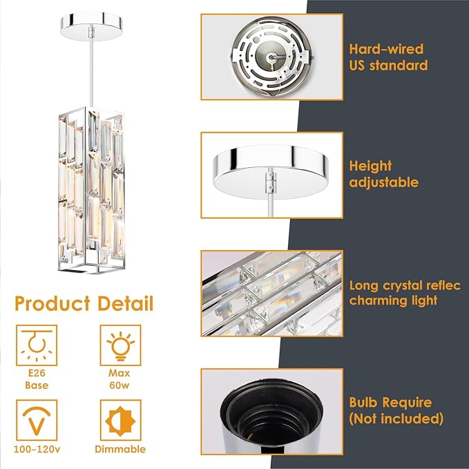 Modern 1-Light Crystal Pendant Light Kitchen Island, Chrome, 2-Pack | Mini Crystal Chandeliers, Height Adjustable Cord, Ceiling Hanging Lighting for Kitchen Island Dining Room Bedroom
