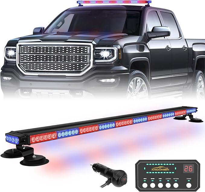 45.5" 128 LED Roof Strobe Light Bar Top Double Side Safety Lights | Rooftop Warning Hazard Emergency Caution Lights w/ Controller for Tow/Plow Trucks Construction Vehicles (Red/Blue)
