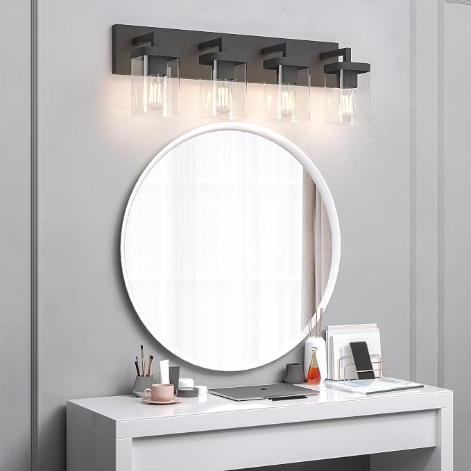 Bathroom Vanity Light, Square Design 4 Lights Morden Bathroom Lighting Fixtures Over Mirror, Black Bathroom Light Vanity Fixtures for Bathroom/Living Room/Bedroom