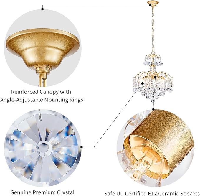 WUZUPS 5-Light Crystal Chandelier Pendant Ceiling Light Modern Lighting Fixture for Bedroom Hallway Bar Kitchen Bathroom, H 20.3" W17.1, E12 Base, Gold