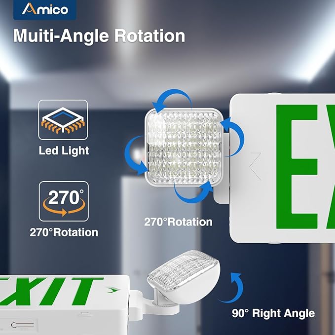 Amico 1 Pack Green Double-Sided Exit Sign with Emergency Lights, Two LED Adjustable Head with Battery Backup, ETL Certified, AC 120/277V, Commercial Emergency Lights Combo for Business