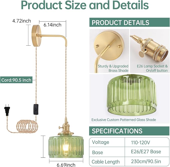 Shenmoyl Vintage Wall Sconce Wall Lamp with Green Striped Glass Shade Hanging Wall Sconce with 4.9FT Plug in Cord, Modern Wall Lamp Fixtures Decor for Bedside Bedroom Indoor Doorway