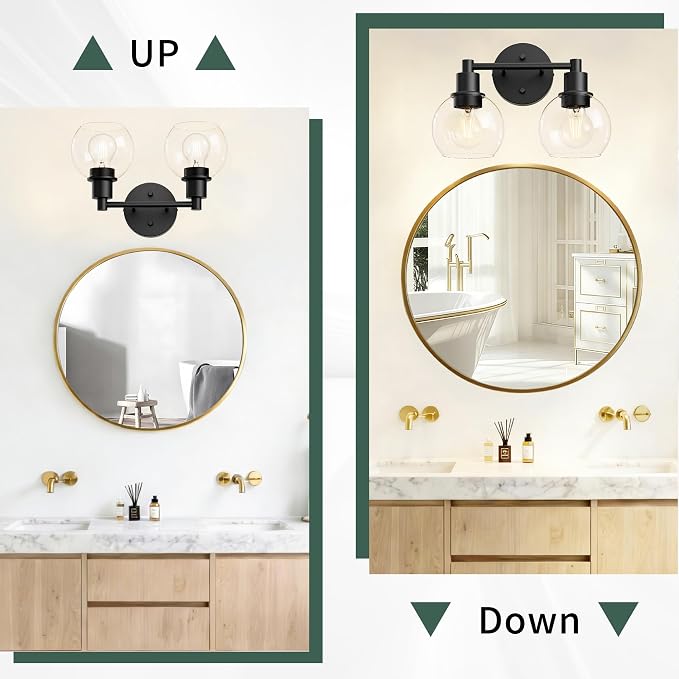 2 Light Bathroom Light Fixtures Black Vanity Lights, Farmhouse Bathroom Vanity Lights 2-Light Matte Black Globe Bathroom Vanity Lighting Fixture Over Mirror