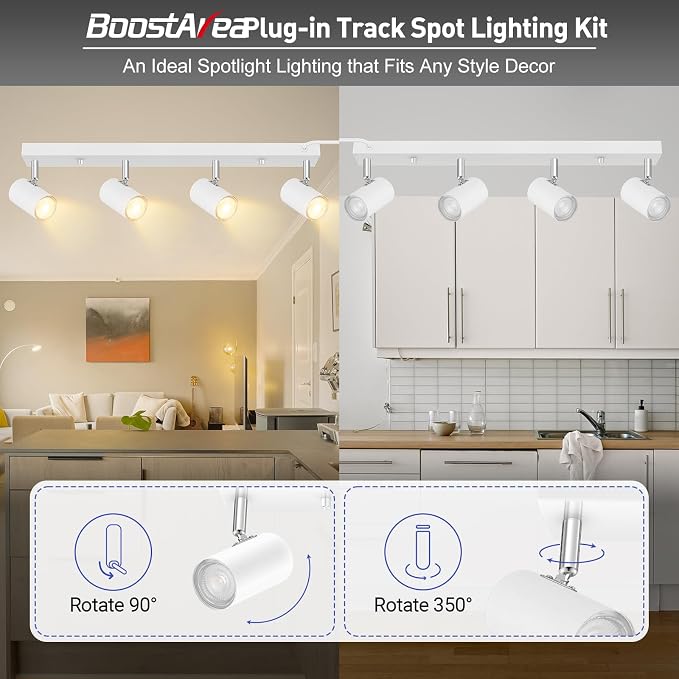 LED Track Lighting Ceiling Fixtures, White 4-Light Plug in Track Lights for Kitchen, 23" Ceiling Spotlight, 15 FT Cord,Flexibly Rotatable Wall Mount Light Head for Bedroom Hallway