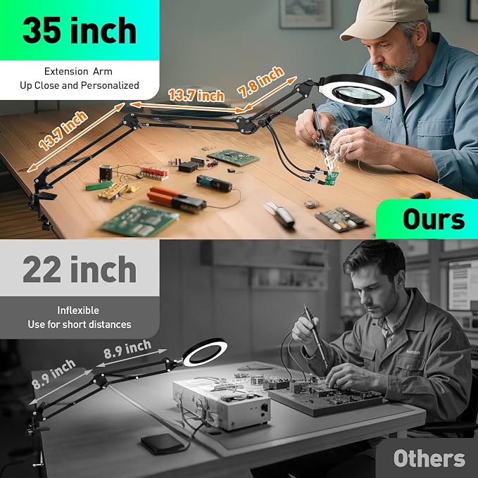 12X Magnifying Glass with Light and Stand, Soldering Helping Hands | 3-Section Swing Arm Workbench Lighted Magnifier, 5 Color Stepless Dimming, LED Desk Lamp with Clamp for Craft Repair Reading