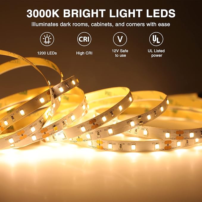Onforu Warm LED Strip Lights, 65.6ft Dimmable Tape Light for Under Cabinet | 20M 6000K Flexible 12V Adhesive Ribbon Easter Rope Light for Kitchen, Bedroom, Home Decor